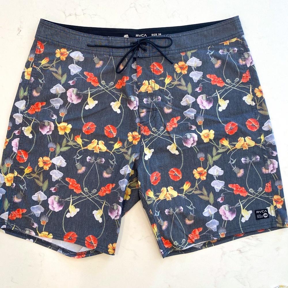 RVCA Floral Print Board Shorts in Gray with Red, Yellow & Purple